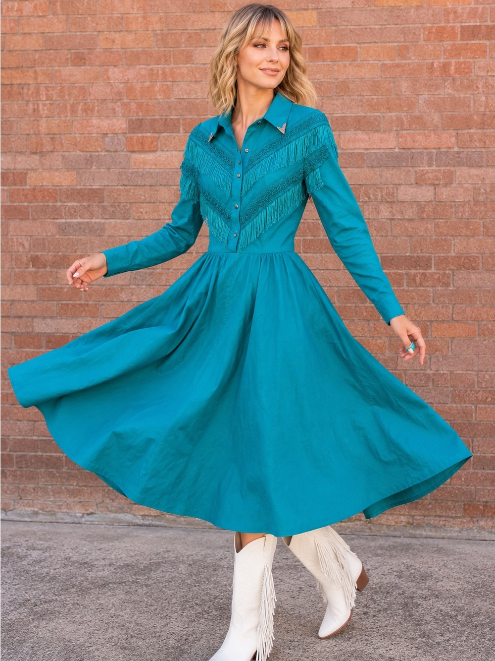 Vintage Lilia Smitty Teal Fringe Western dress Fringe Silver Studs Cowgirl